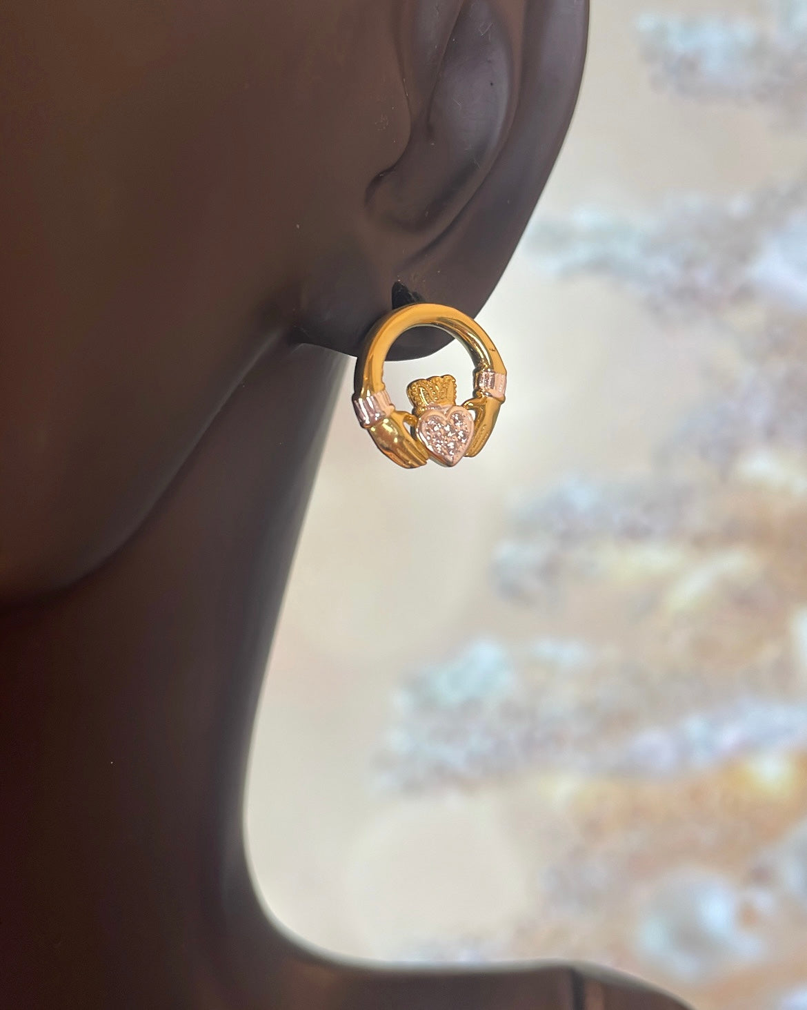 Sterling Silver & Gold Plated, CZ Claddagh Stud Earrings