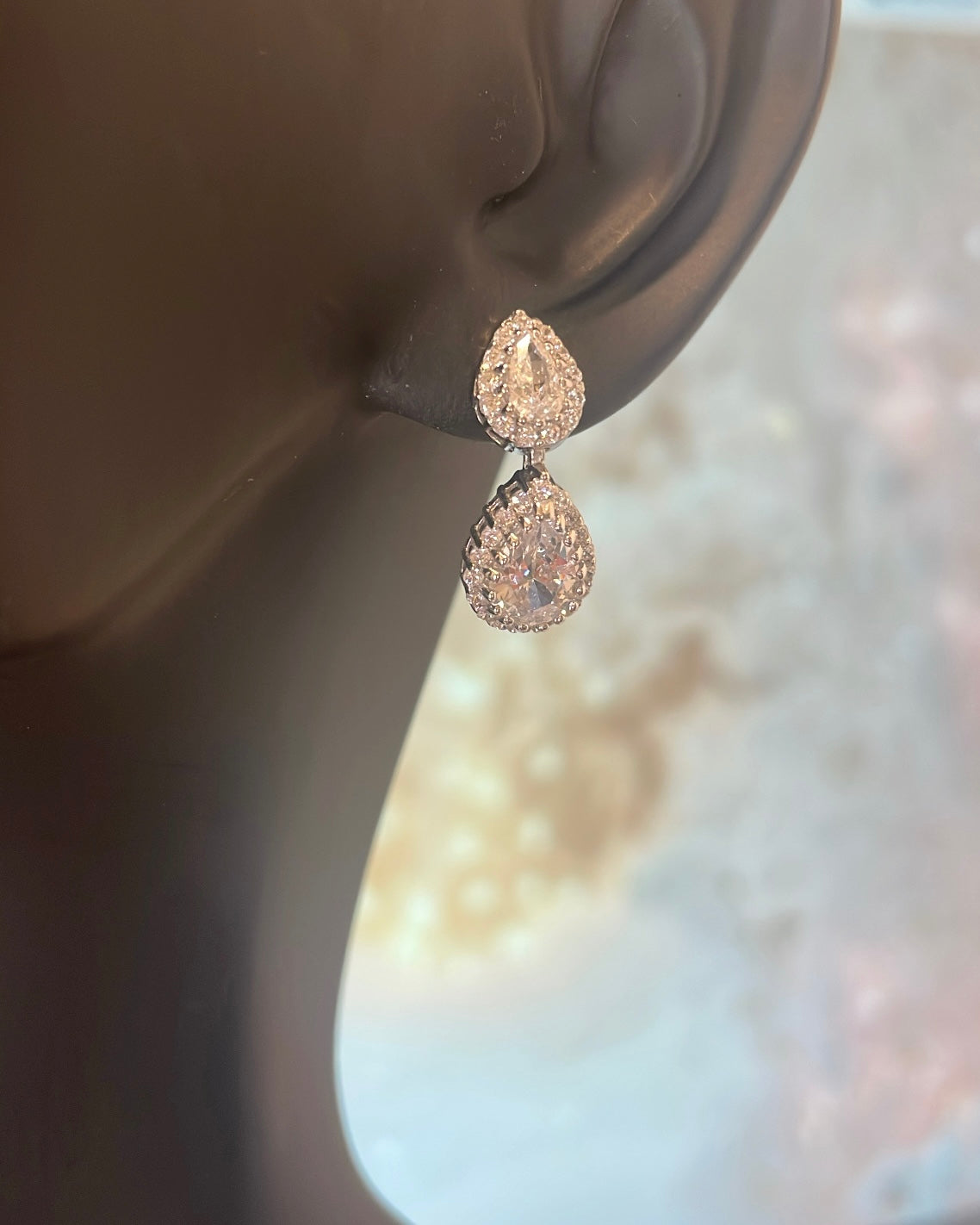 Sterling Silver CZ & Double Pear Drop Halo Earrings