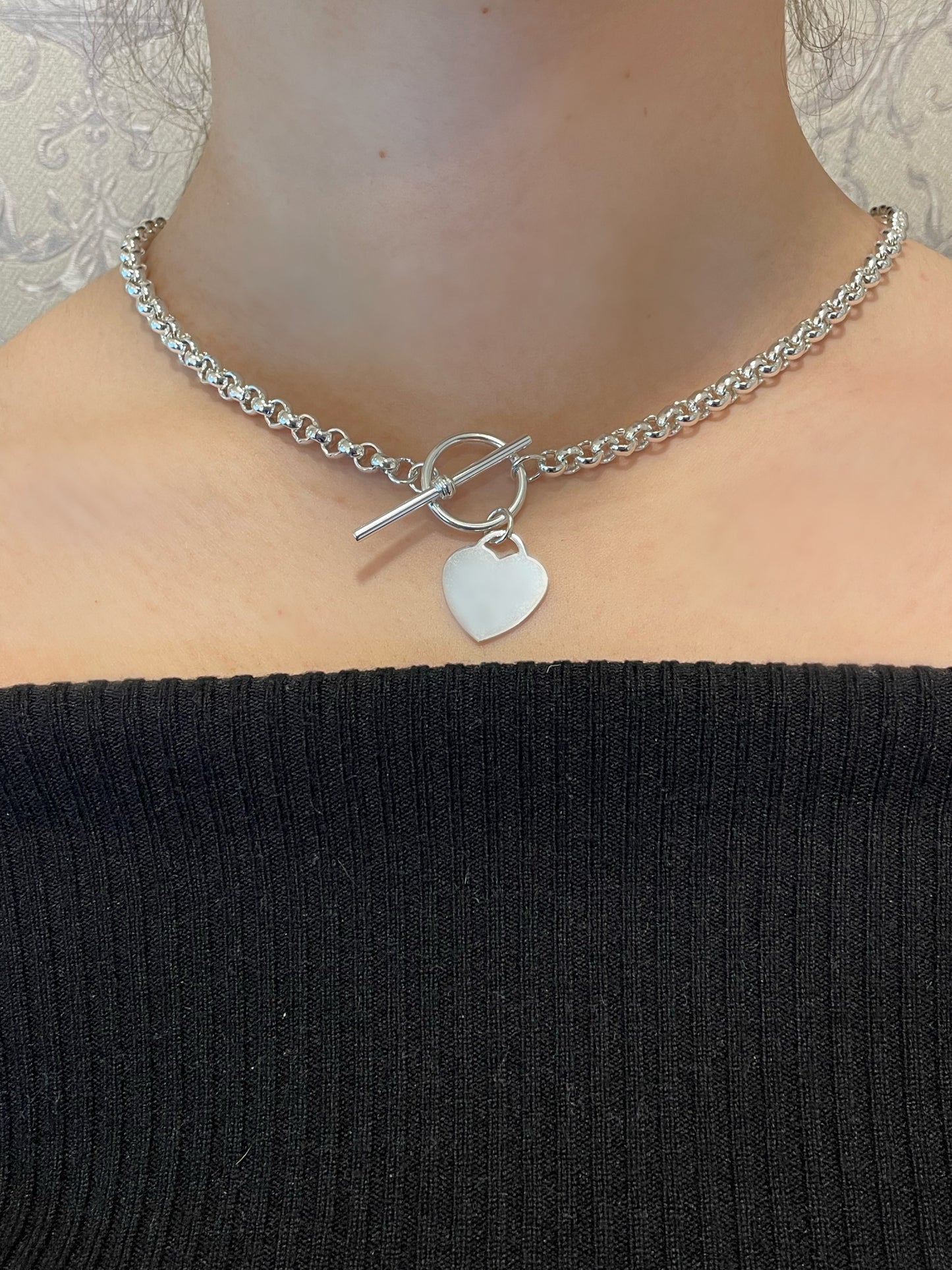 Heavy Sterling Silver Heart T-bar Neclace