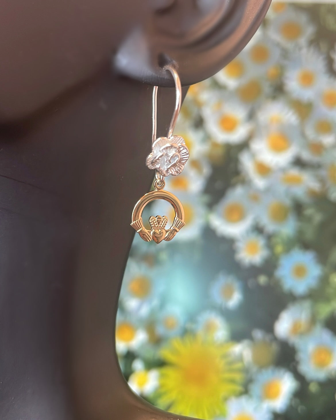 9ct Yellow Gold & Sterling Silver Claddagh with Rose Pattern Shepherd Hook Earrings