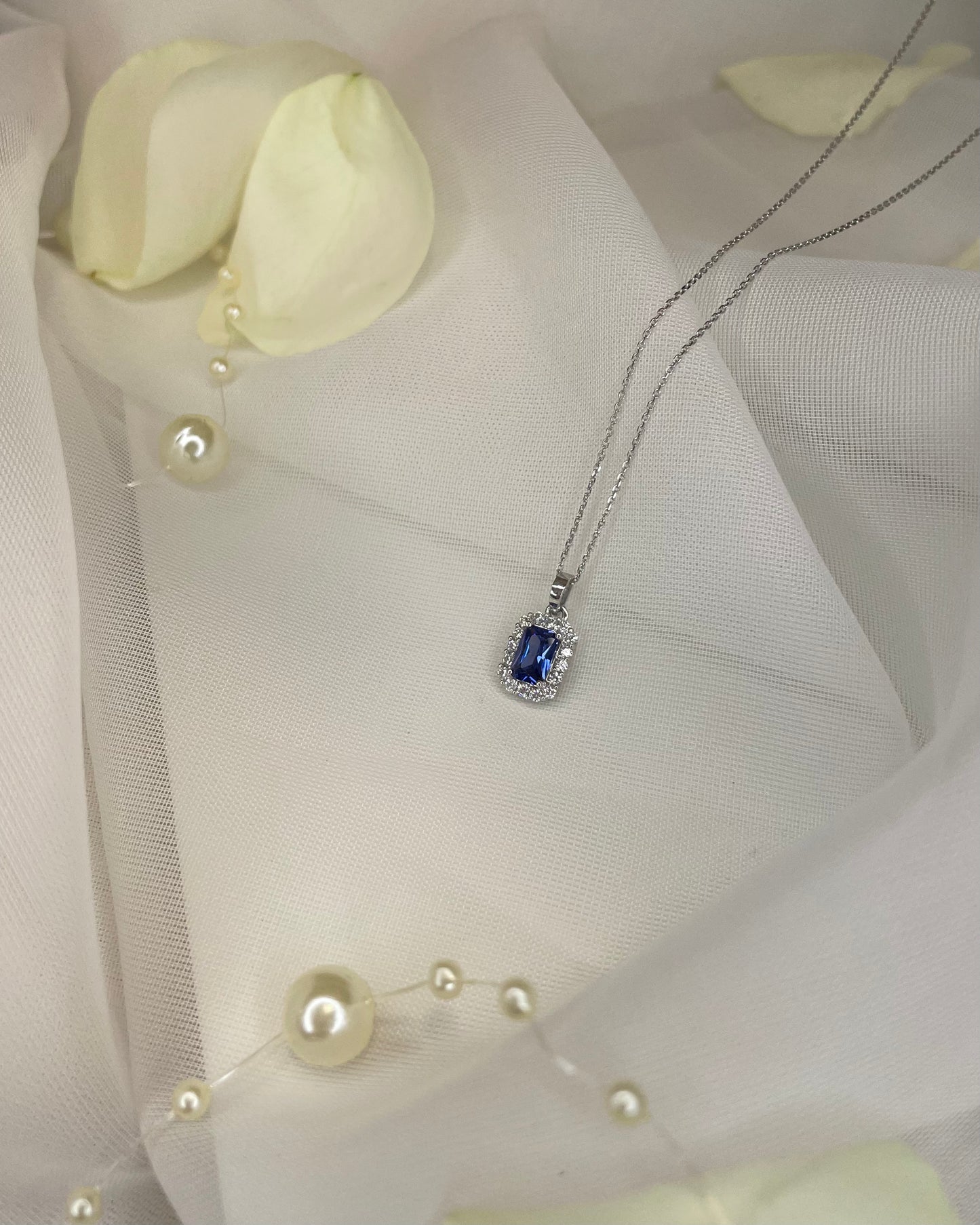 9ct White Gold Blue Emerald Cut Swarovski Crystal Pendant