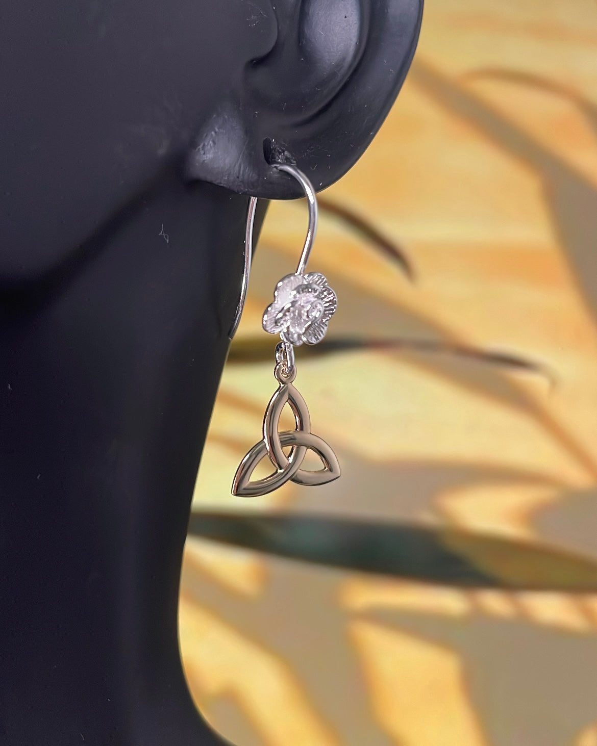 9ct Yellow Gold & Sterling Silver Mini Trinity Knot with Rose Pattern Shepherd Hook Earrings