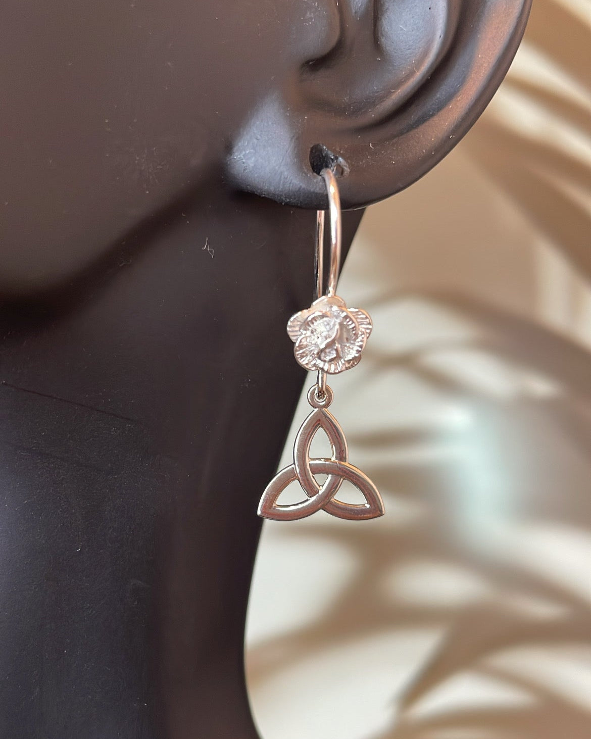 Mini Sterling Silver Trinity Knot & Rose Shepherd Hook Earrings