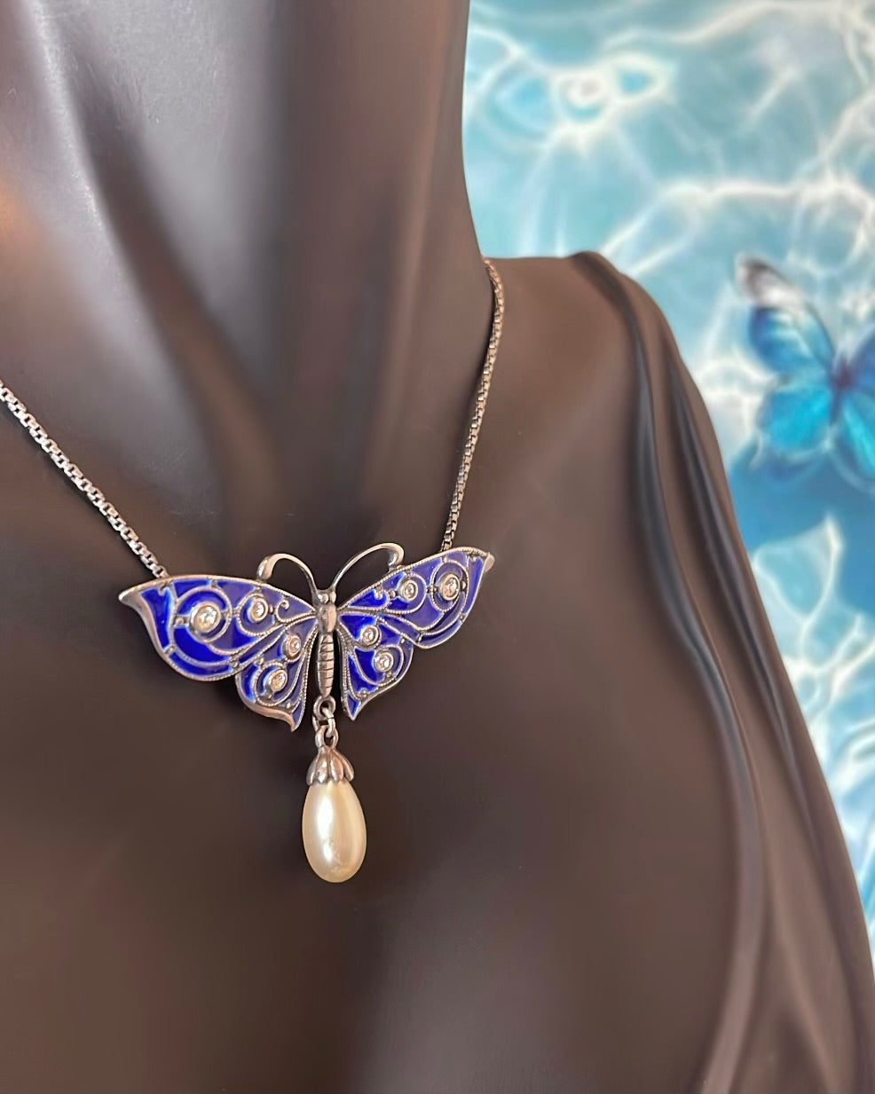 Sterling Silver Blue Enamel & Pearl Butterfly Pendant