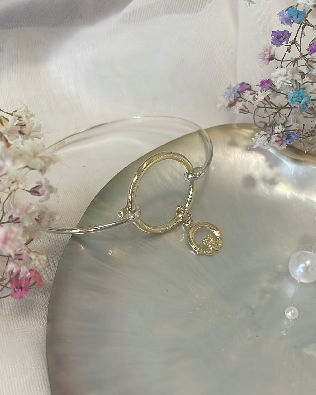 Gold Circle Silver Bangle with Claddagh Charm