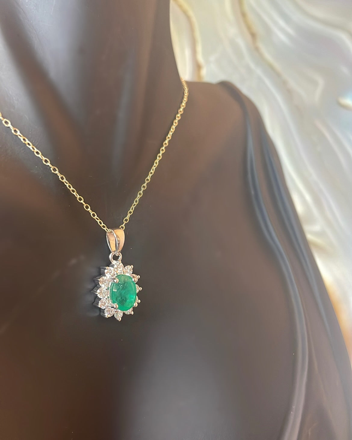 Oval Cut Emerald & Floral Diamond Halo 9ct Gold Pendant
