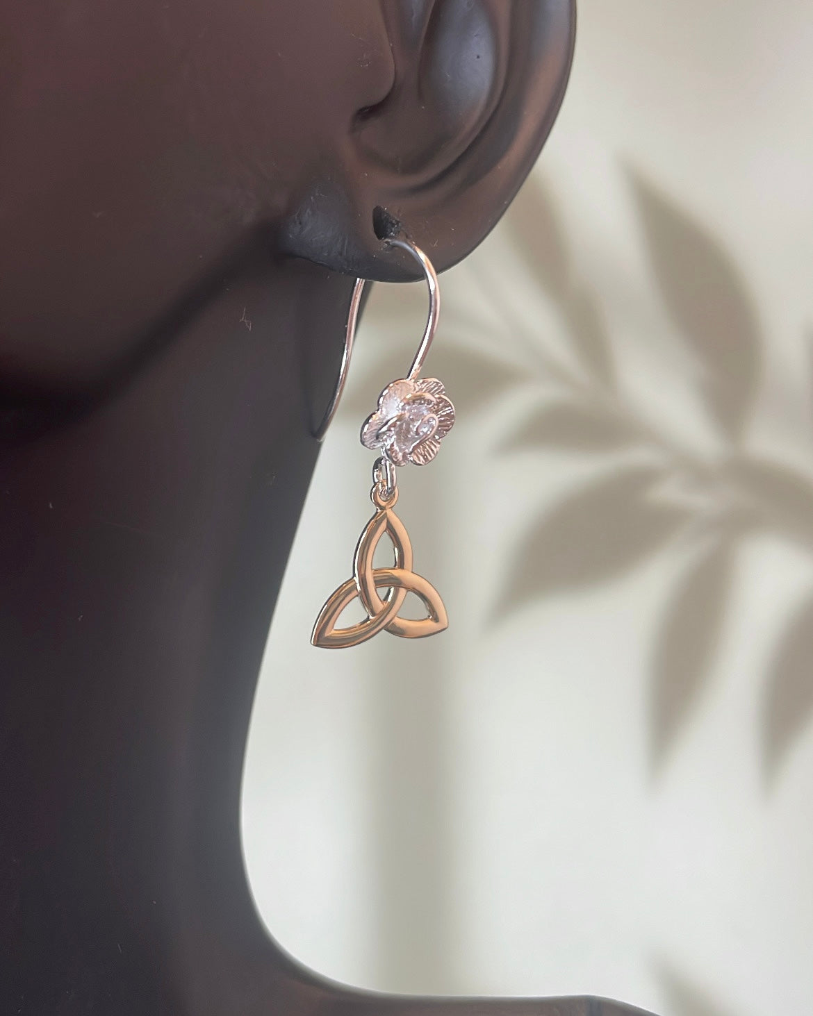 9ct Yellow Gold & Sterling Silver Mini Trinity Knot with Rose Pattern Shepherd Hook Earrings