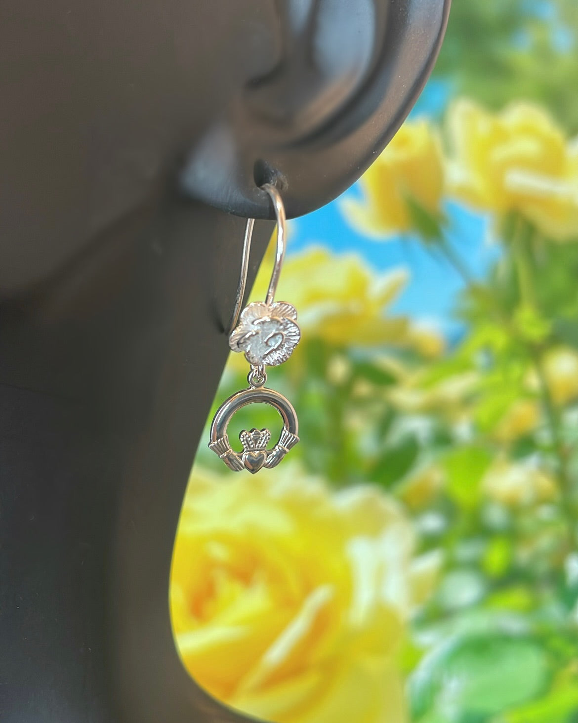 Mini Sterling Silver Claddagh & Rose Shepherd Hook Earrings