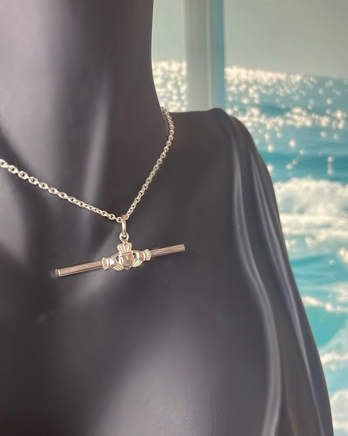 Sterling Silver Narrow Claddagh T-bar Pendant