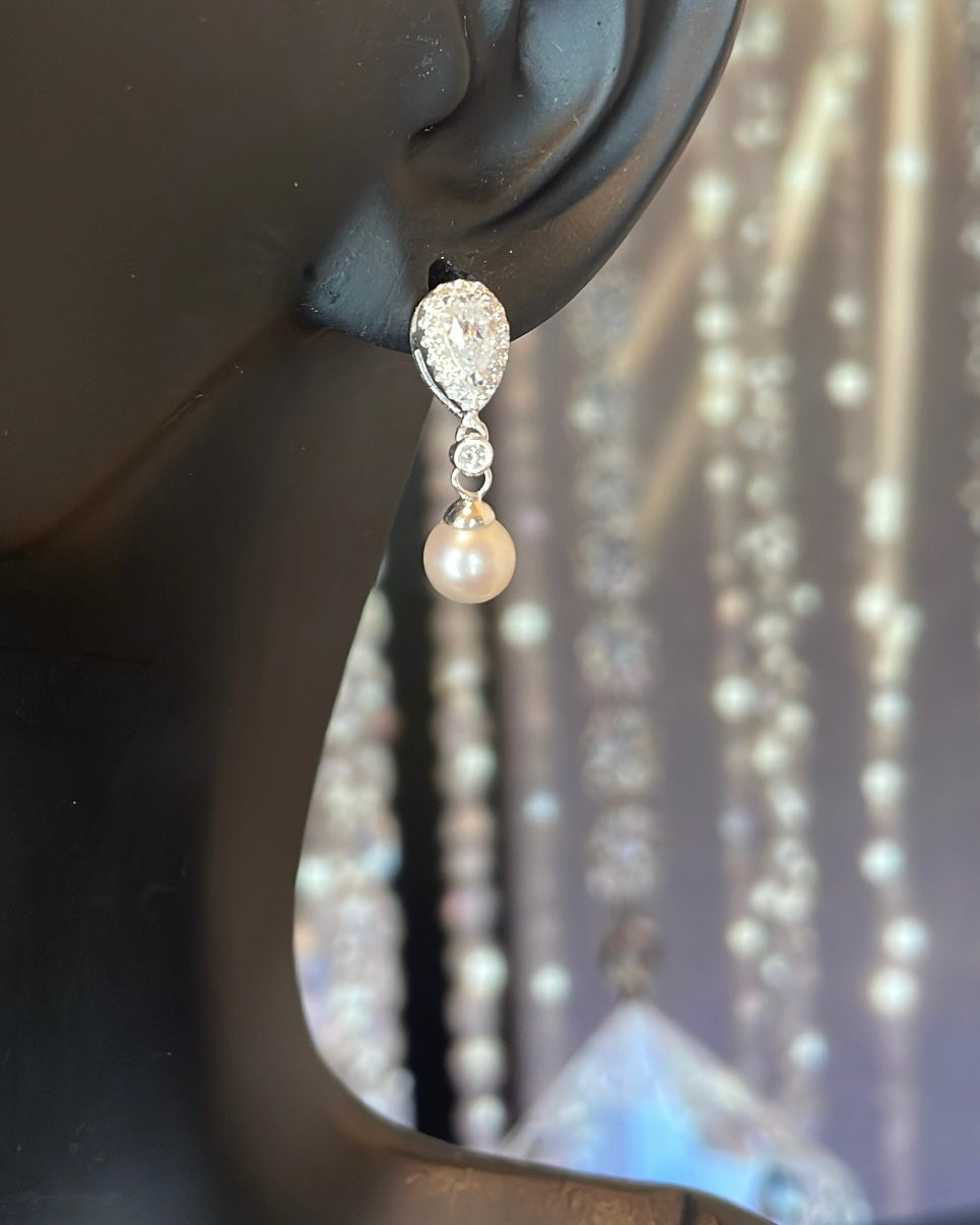 Sterling Silver CZ & Pearl Drop Earrings