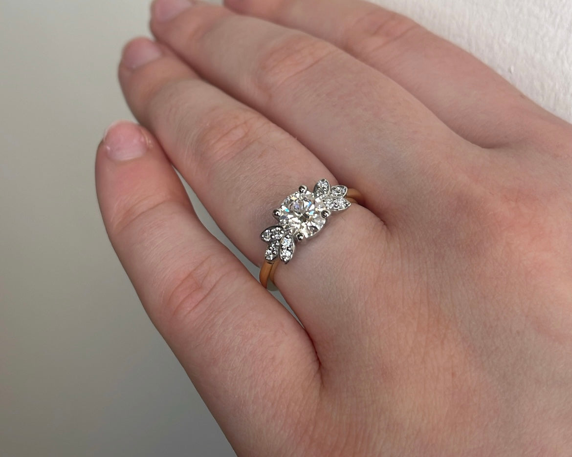 1ct Round Brilliant Diamond & Petal Side Stones in 18ct Yellow Gold