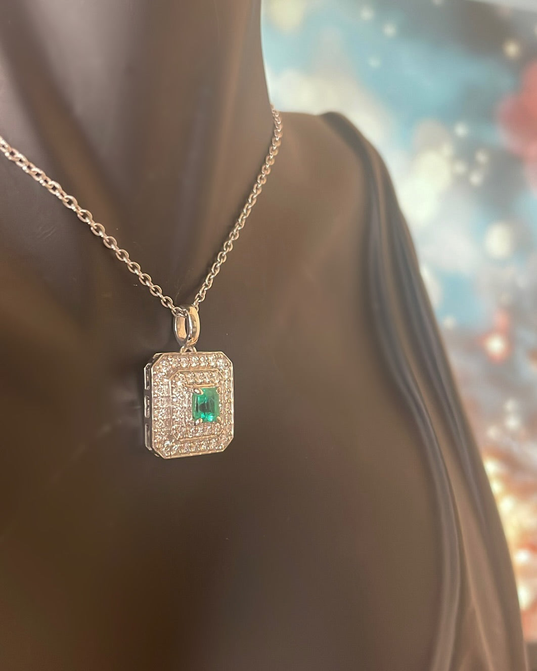 9ct White Gold Emerald & Diamond double Halo Pendant