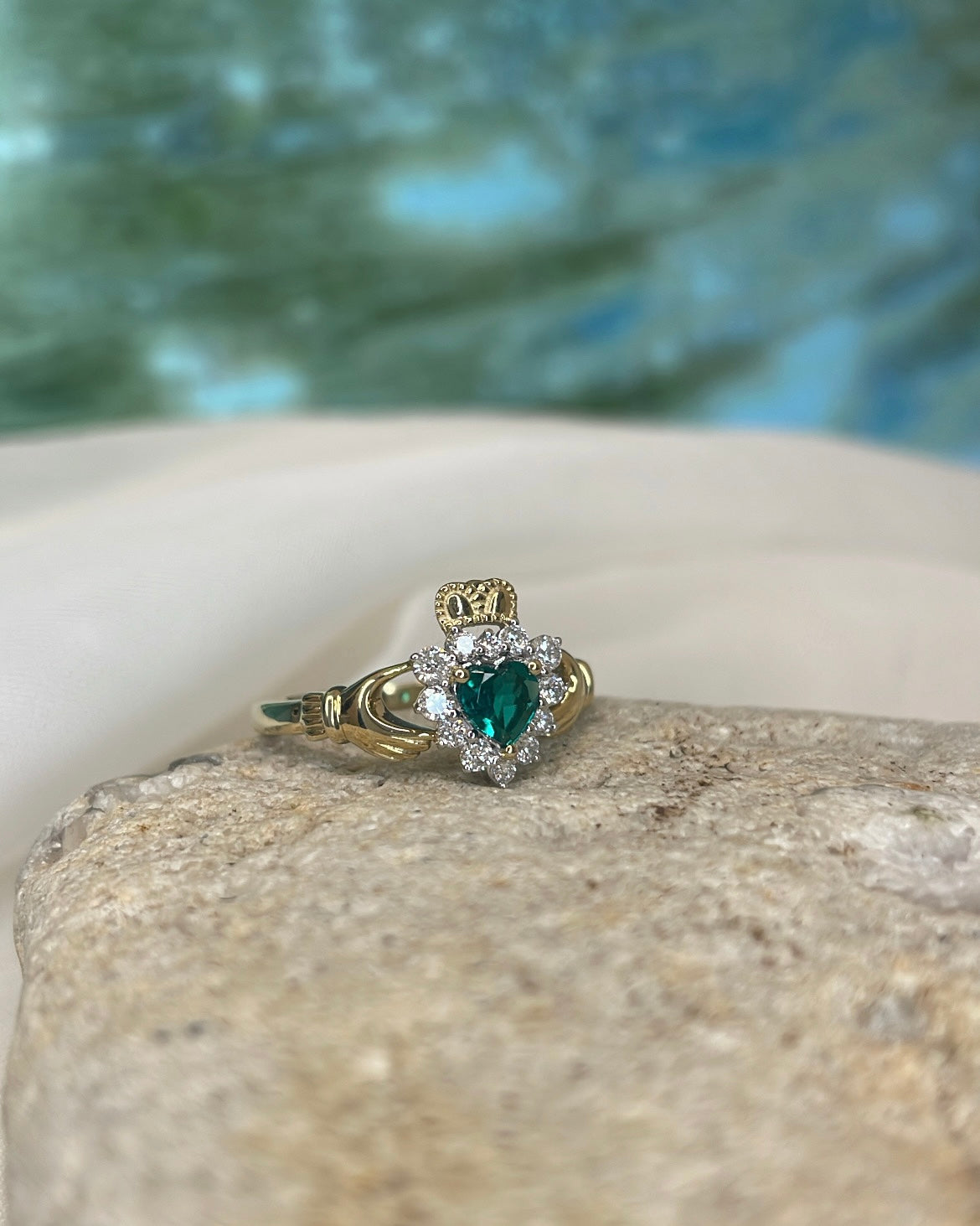 9ct Yellow Gold Emerald Heart and Diamond Halo Claddagh Ring