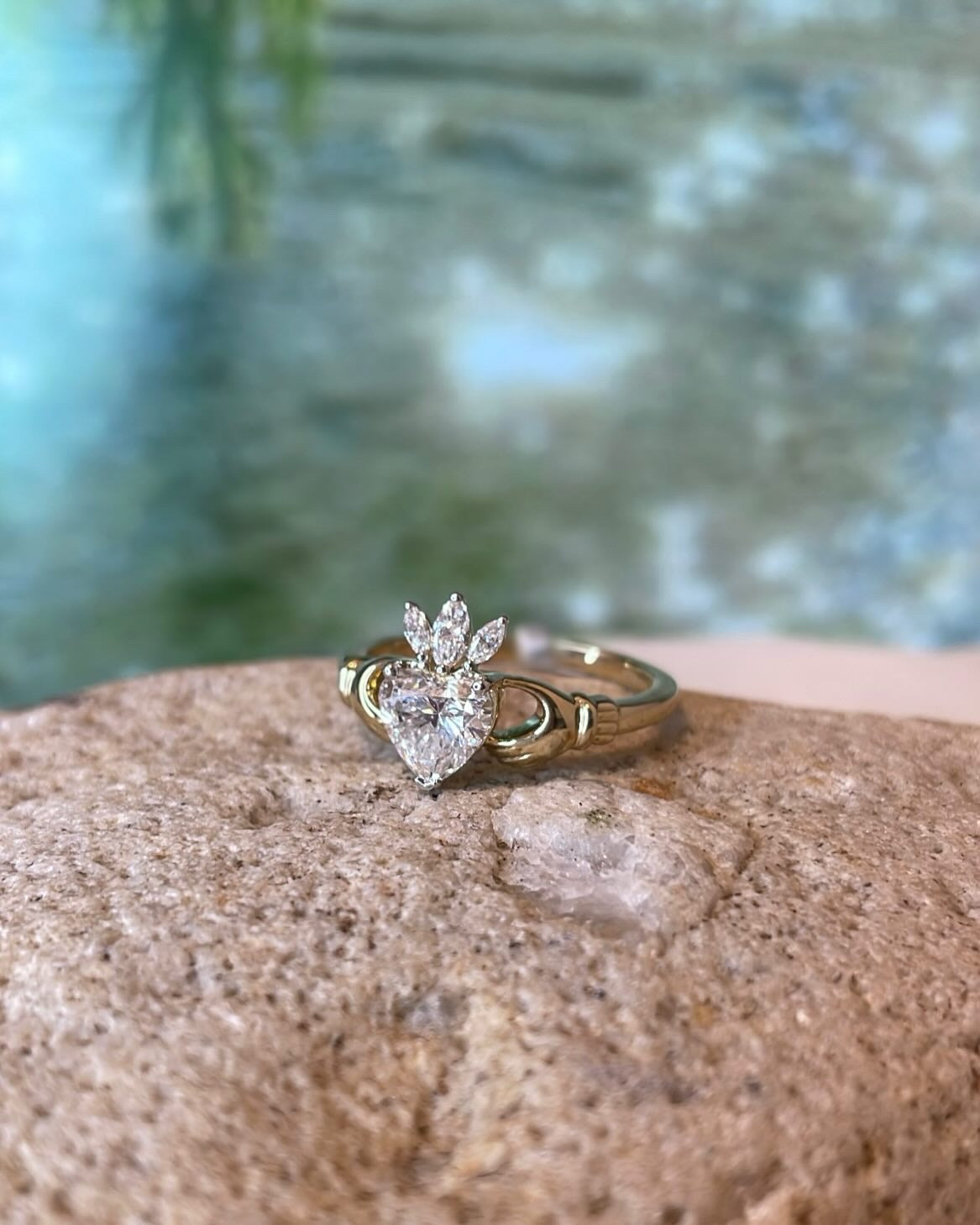9ct Yellow Gold Claddagh Ring with Diamond Centre & Diamond Crown