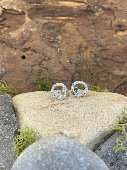 9ct White Gold Diamond Set Claddagh Earrings