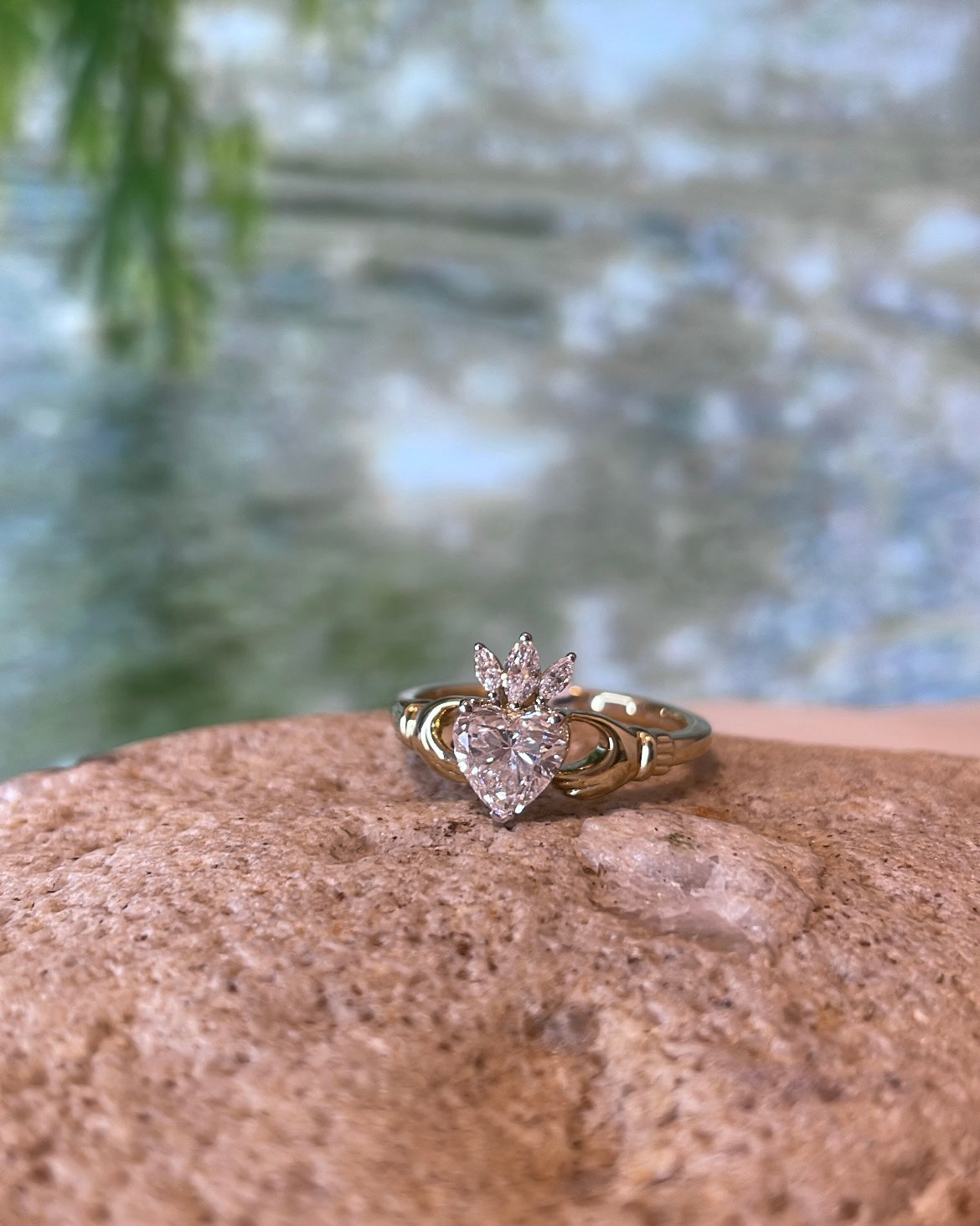 9ct Yellow Gold Claddagh Ring with Diamond Centre & Diamond Crown