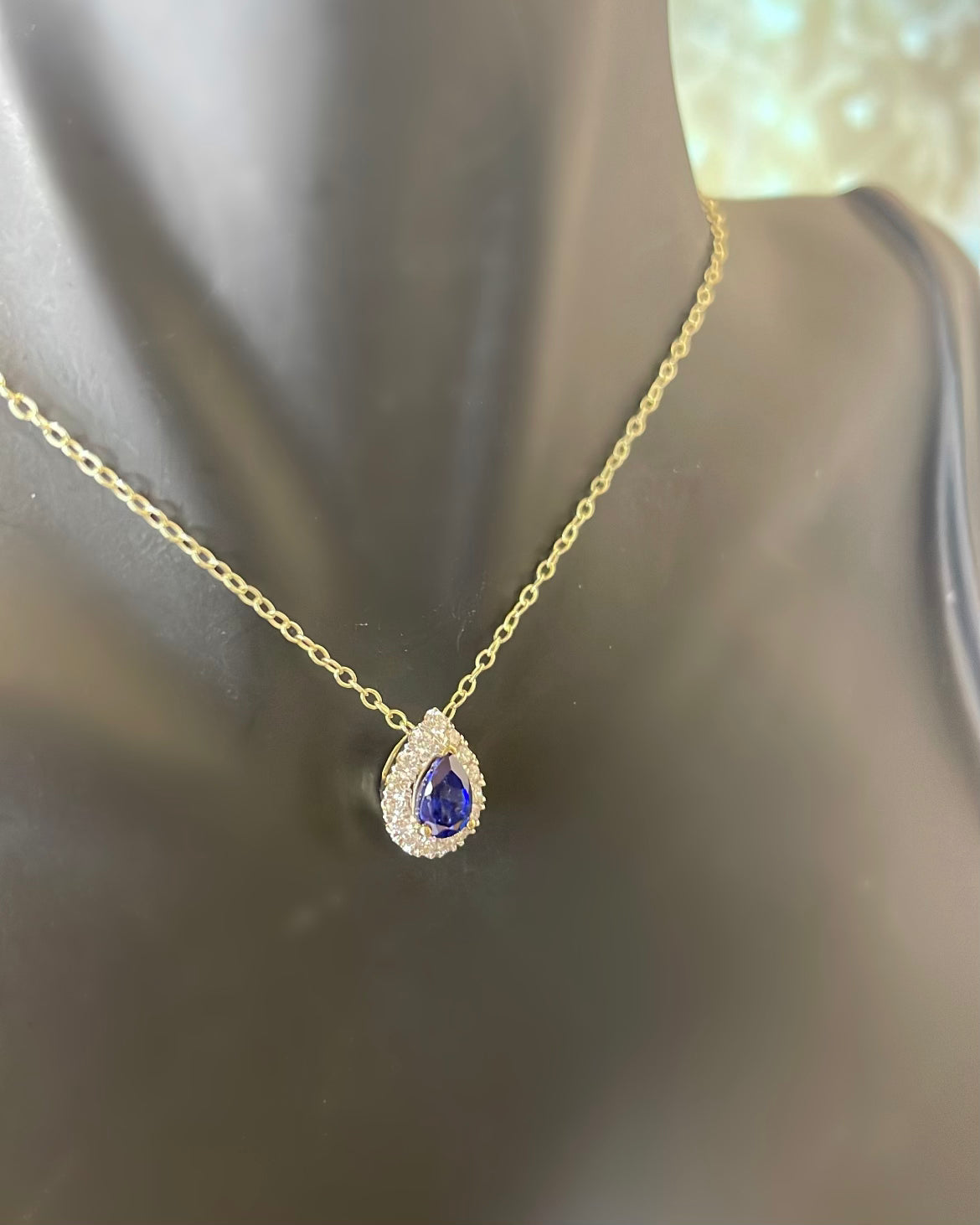 Pear Cut Lab Sapphire & Halo Diamond 9ct Yellow Gold Pendant