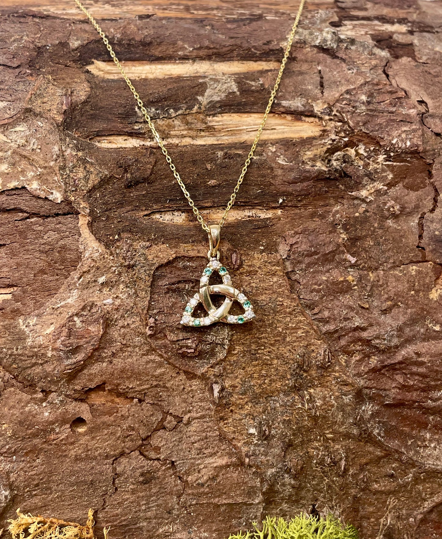 9ct Yellow Gold Diamond Set and Emerald Trinity Knot Pendant
