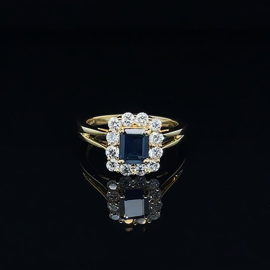 Emerald cut Sapphire with Diamond Halo Ring