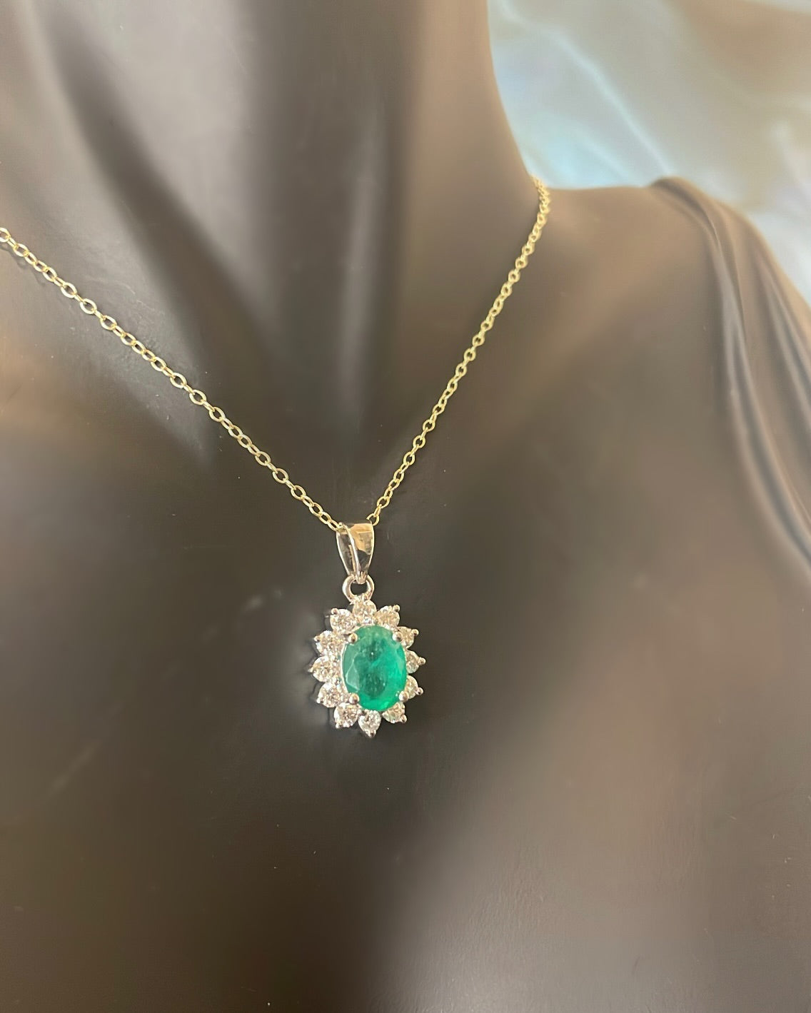 Oval Cut Emerald & Floral Diamond Halo 9ct Gold Pendant