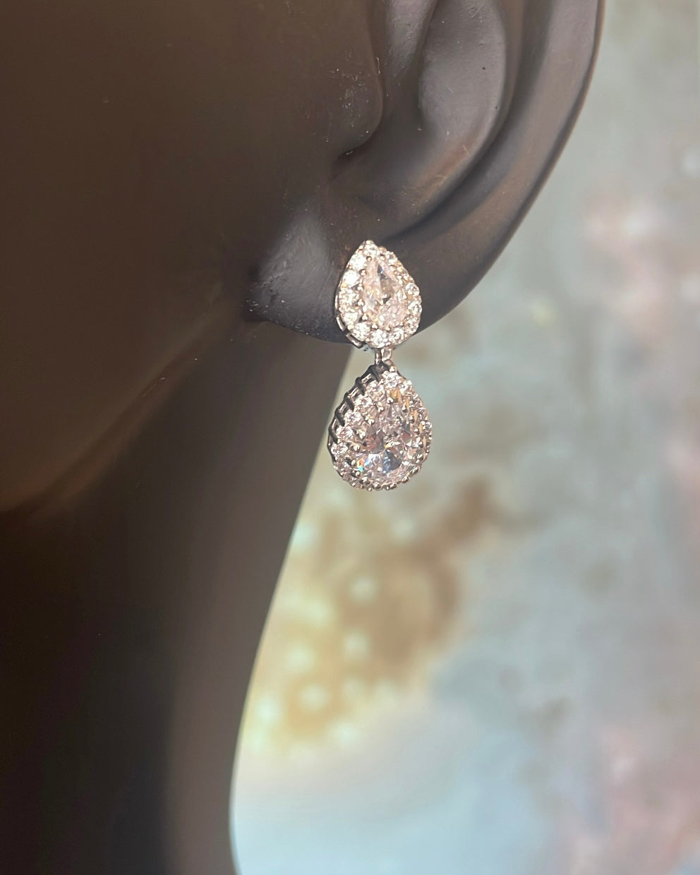 Sterling Silver CZ & Double Pear Drop Halo Earrings