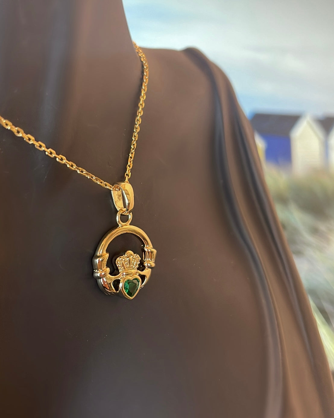 18ct Rolled Gold & Green CZ Claddagh Pendant