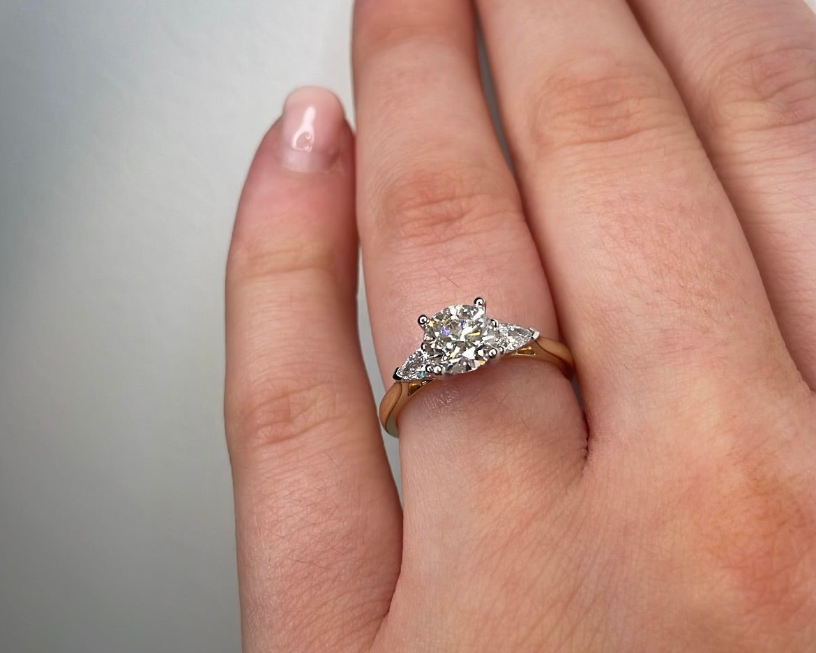 0.90ct Diamond Trilogy Ring with Pear Cut Side Stones in 18ct Yellow Gold
