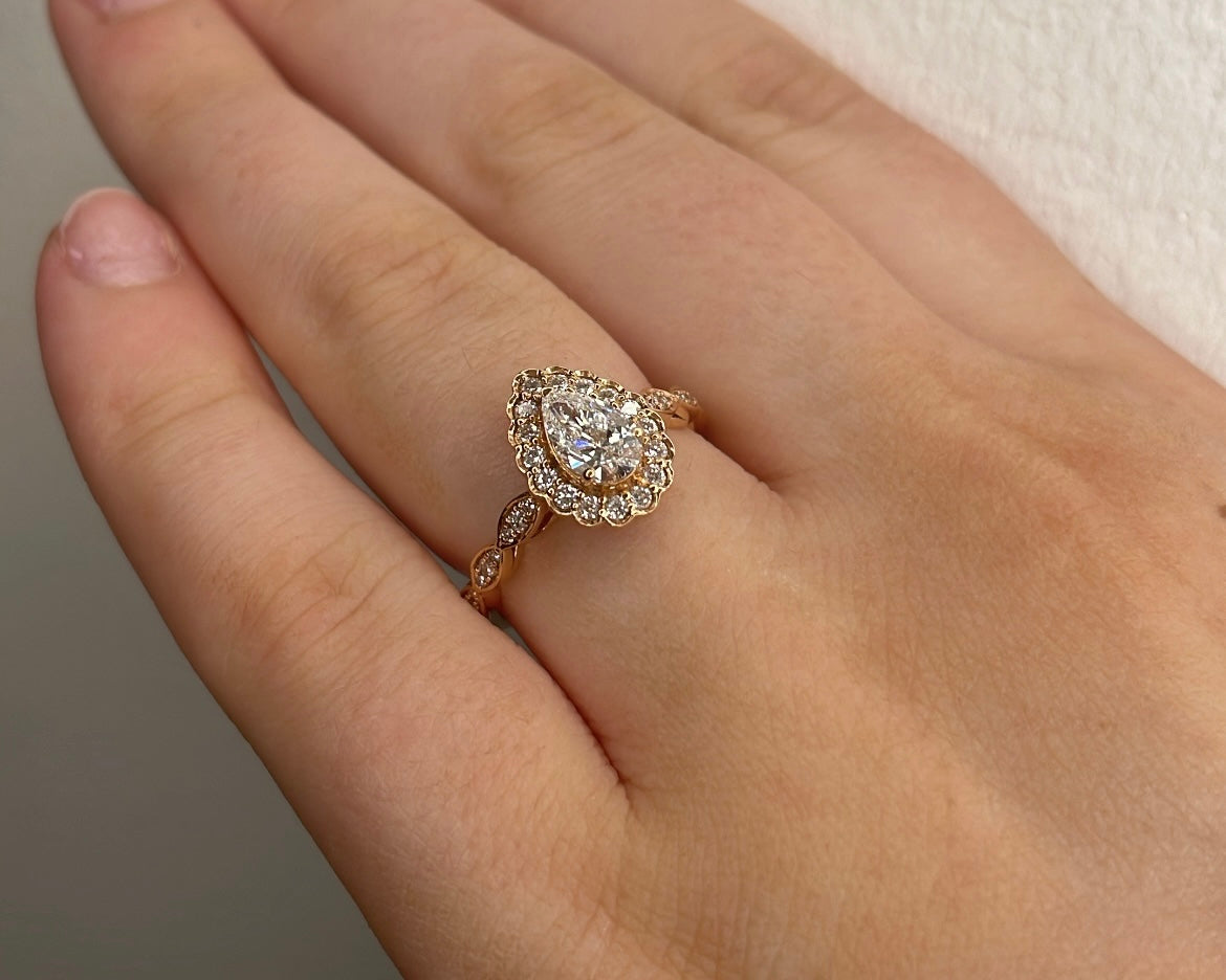 18ct Rose Gold Pear Drop & Diamond Halo Engagement Ring