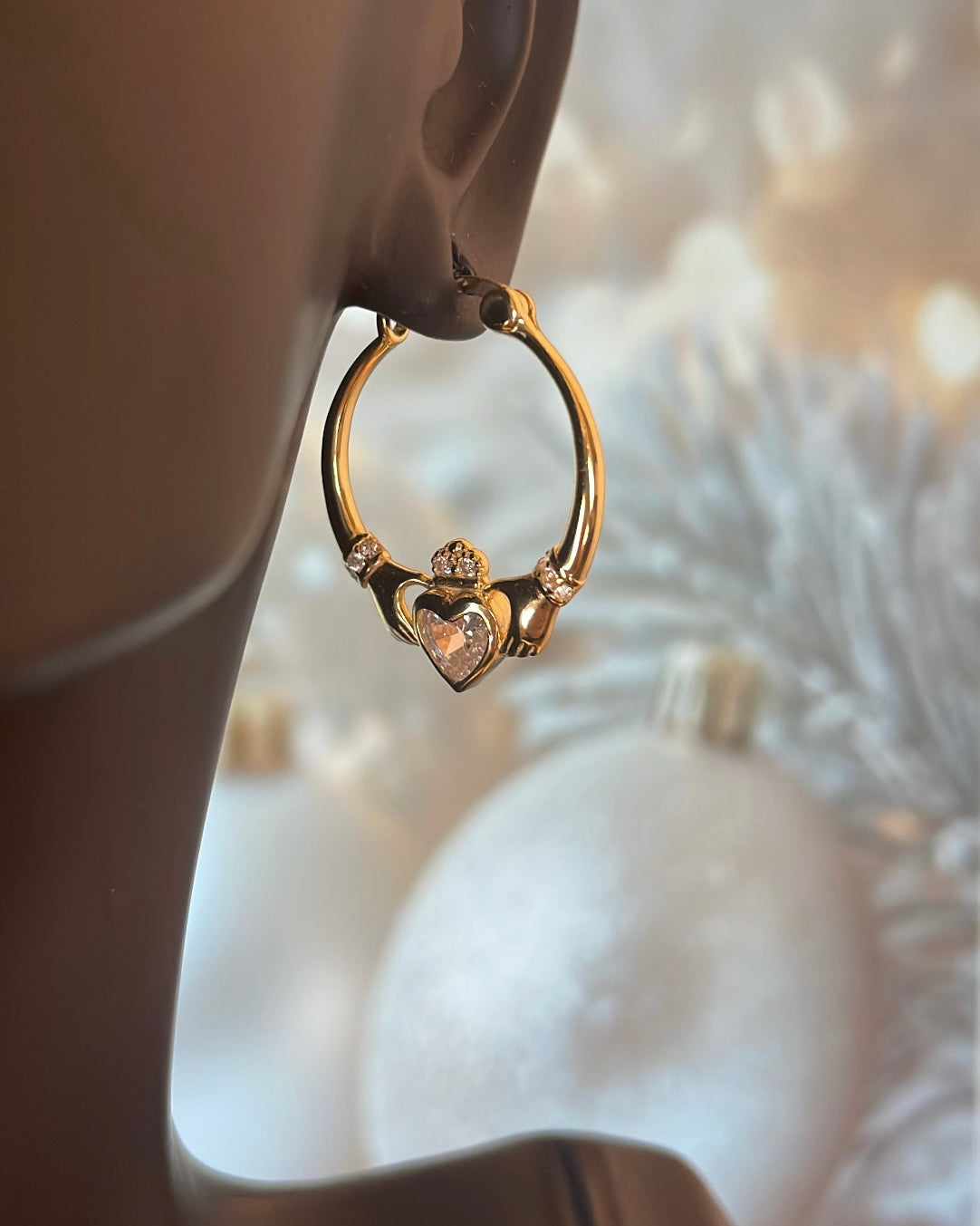 Gold Plated & CZ Claddagh Hoop Earrings