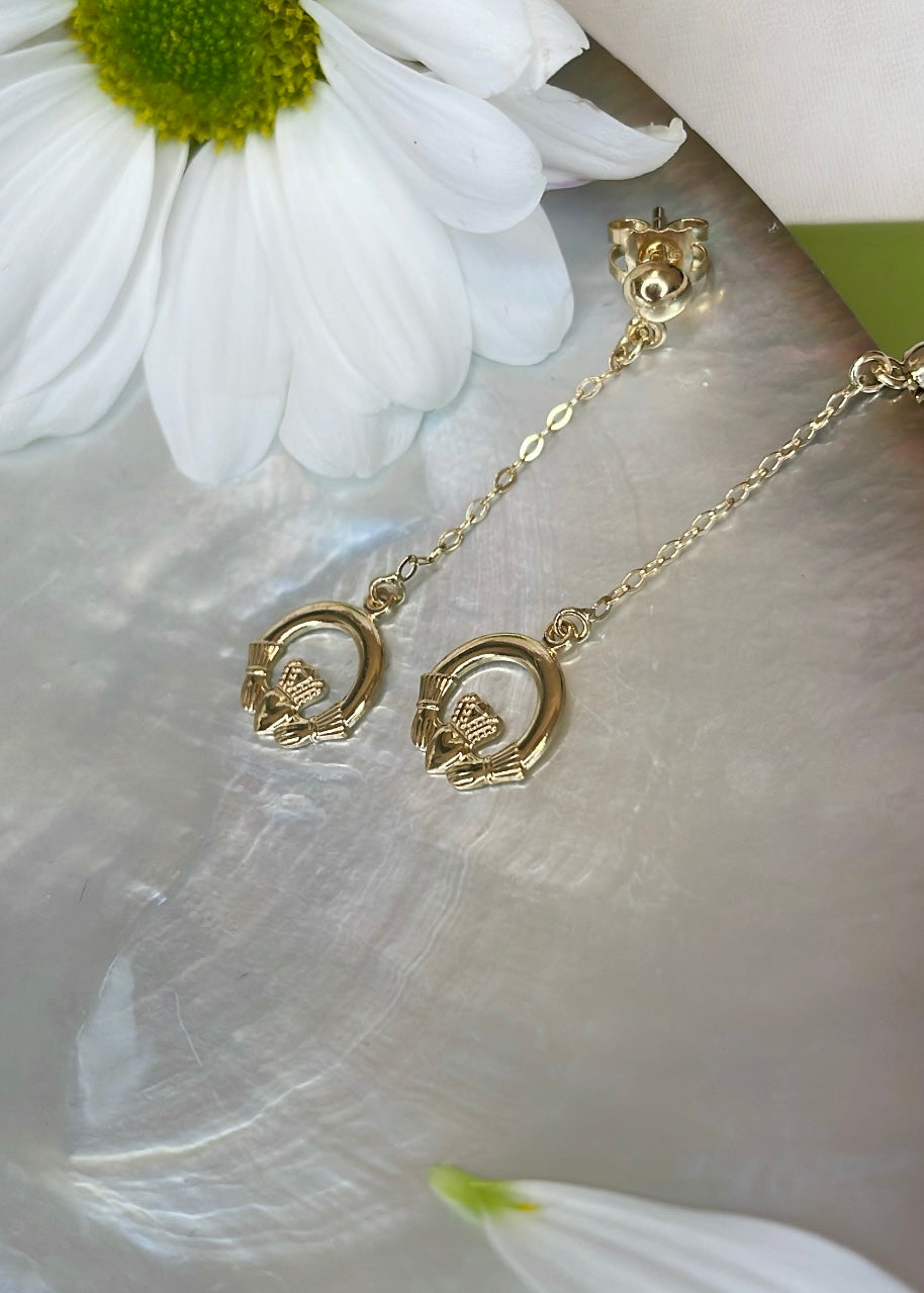 9ct Yellow Gold Claddagh Chain Drop Earrings