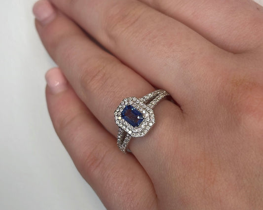 18ct White Gold Sapphire Double Halo Split Shank Diamond Ring
