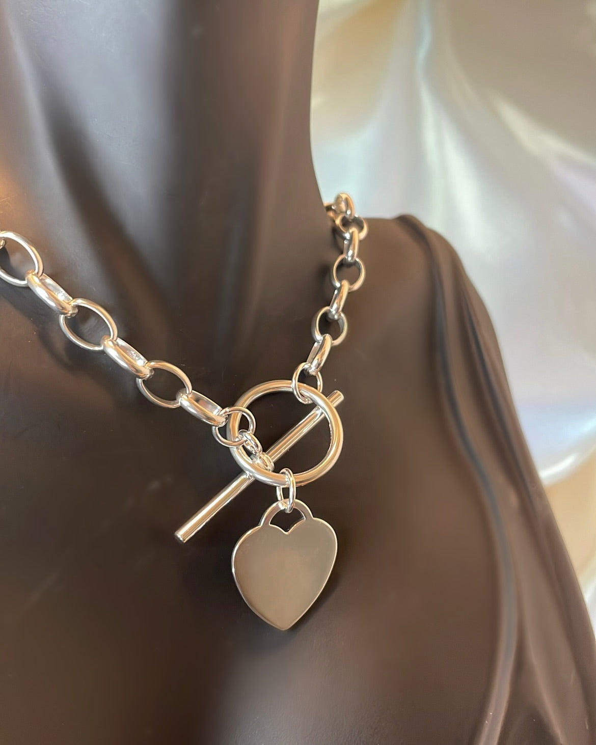 Heavy Sterling Silver Heart T-bar Necklace