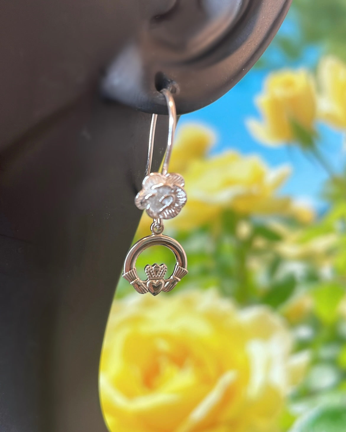 Mini Sterling Silver Claddagh & Rose Shepherd Hook Earrings