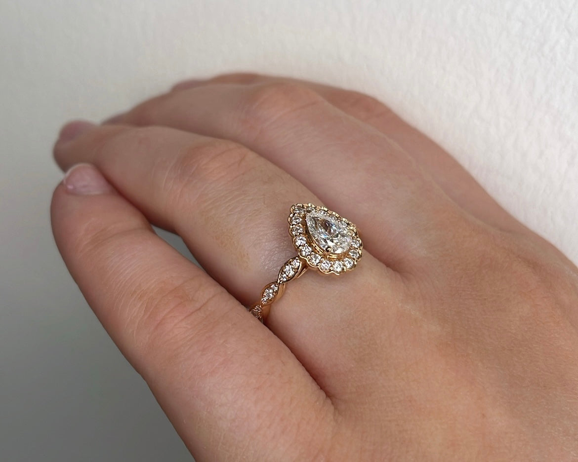18ct Rose Gold Pear Drop & Diamond Halo Engagement Ring