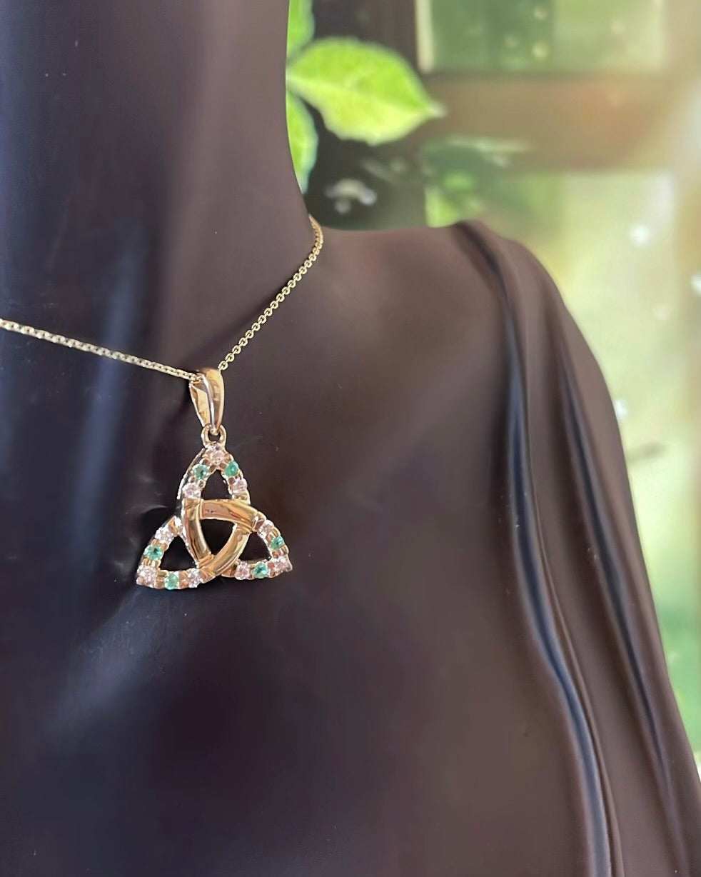 9ct Yellow Gold Diamond & Emerald Set Trinity Knot Pendant