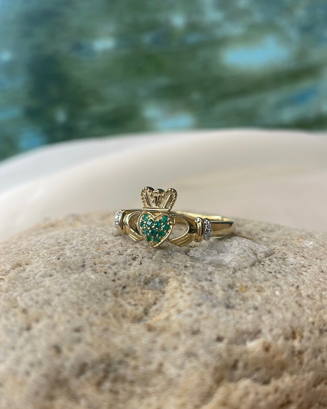 9ct Yellow Gold Emerald Heart and Diamond Claddagh Ring