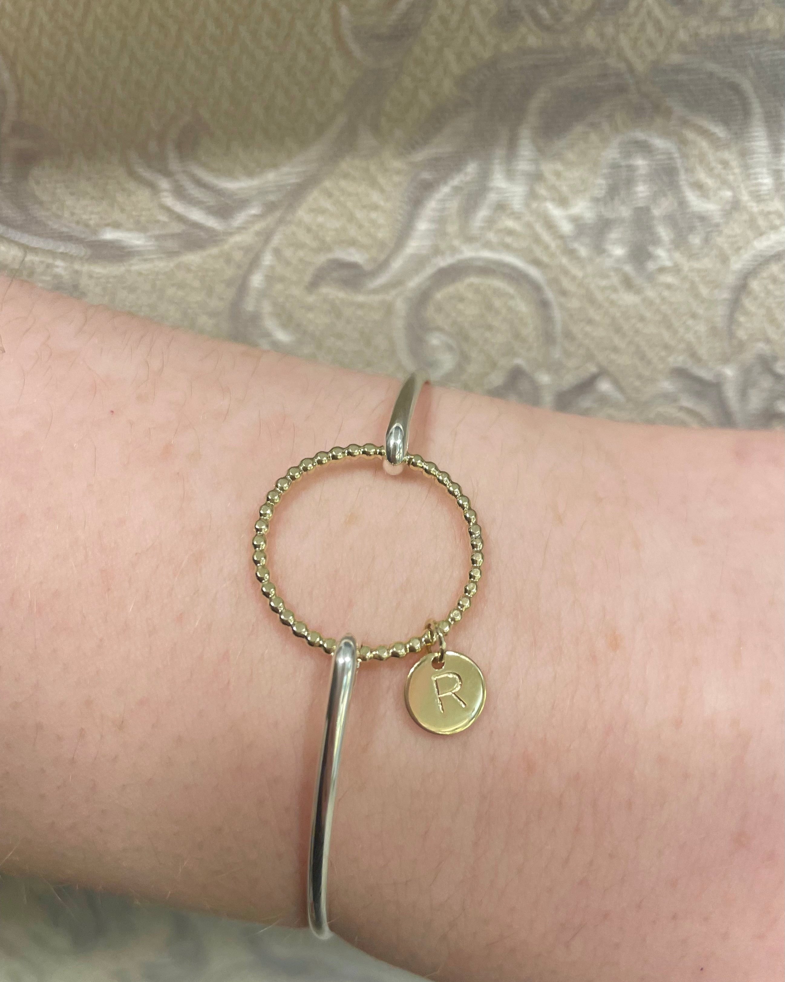 9ct Yellow Gold Beaded Circle with Initial Disc & Sterling Silver Bangle