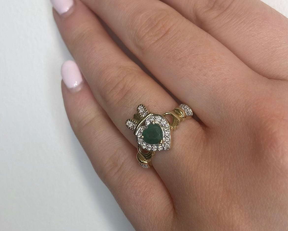9ct Yellow Gold Emerald Heart and Diamond Claddagh Ring