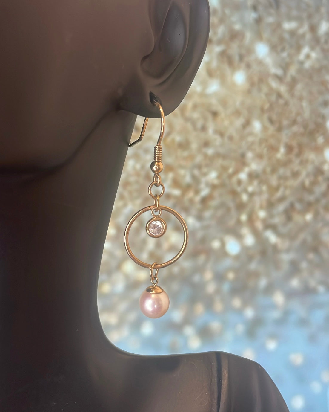 9ct Gold Circle, Freshwater Pearl & Diamond Earrings
