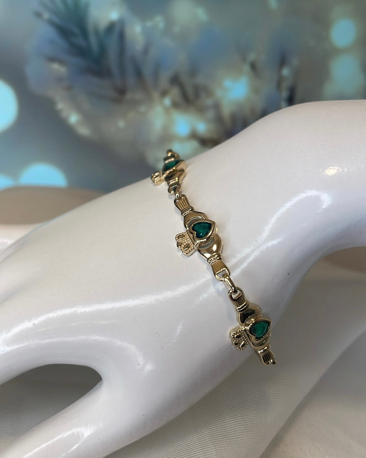 18ct Yellow Gold Plated & Green CZ Claddagh Bracelet