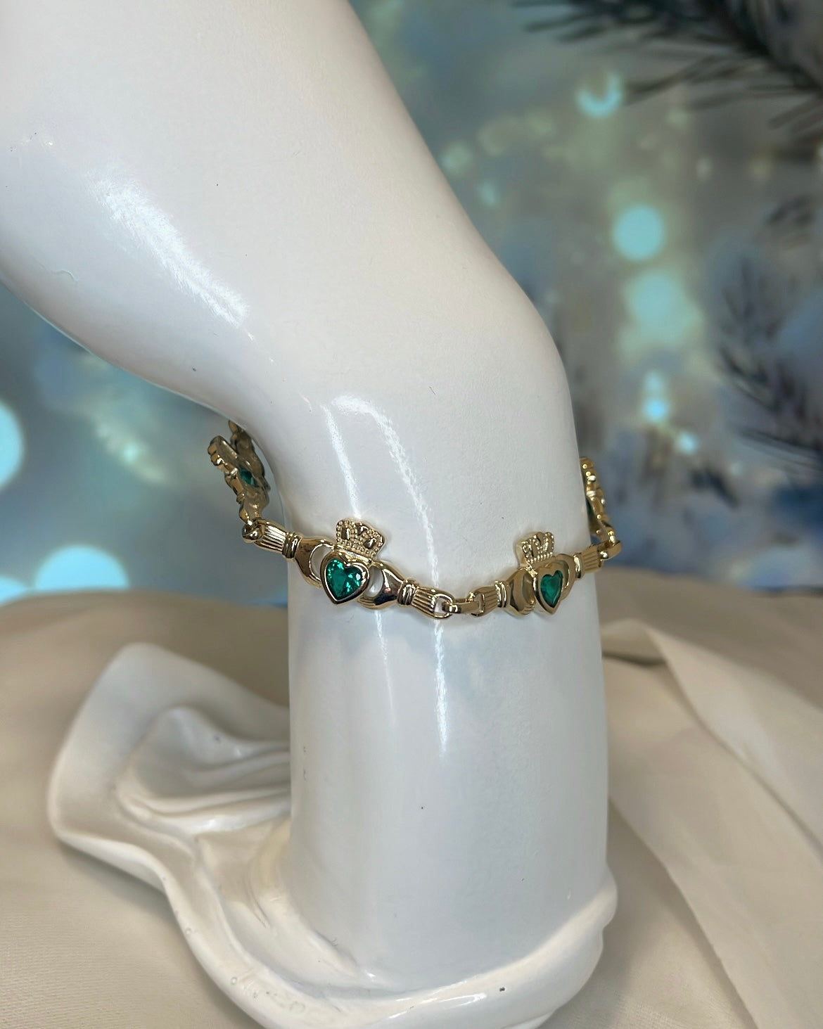 18ct Yellow Gold Plated & Green CZ Claddagh Bracelet