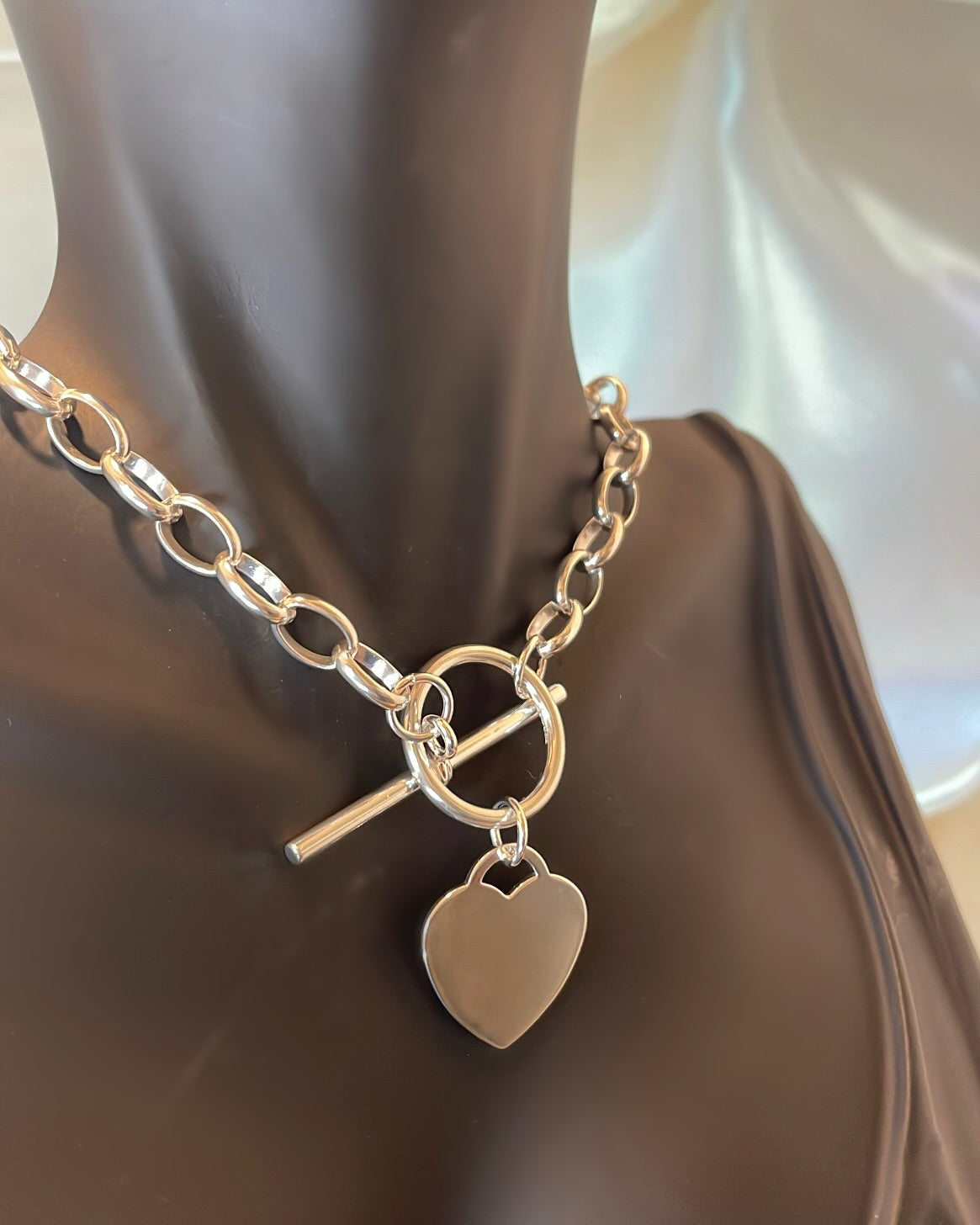 Heavy Sterling Silver Heart T-bar Necklace