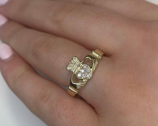 9ct Yellow Gold Diamond Pavé Claddagh Ring