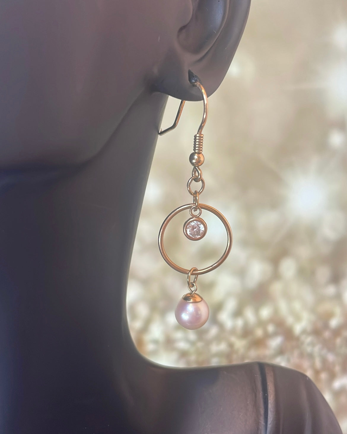 9ct Gold Circle, Freshwater Pearl & Diamond Earrings