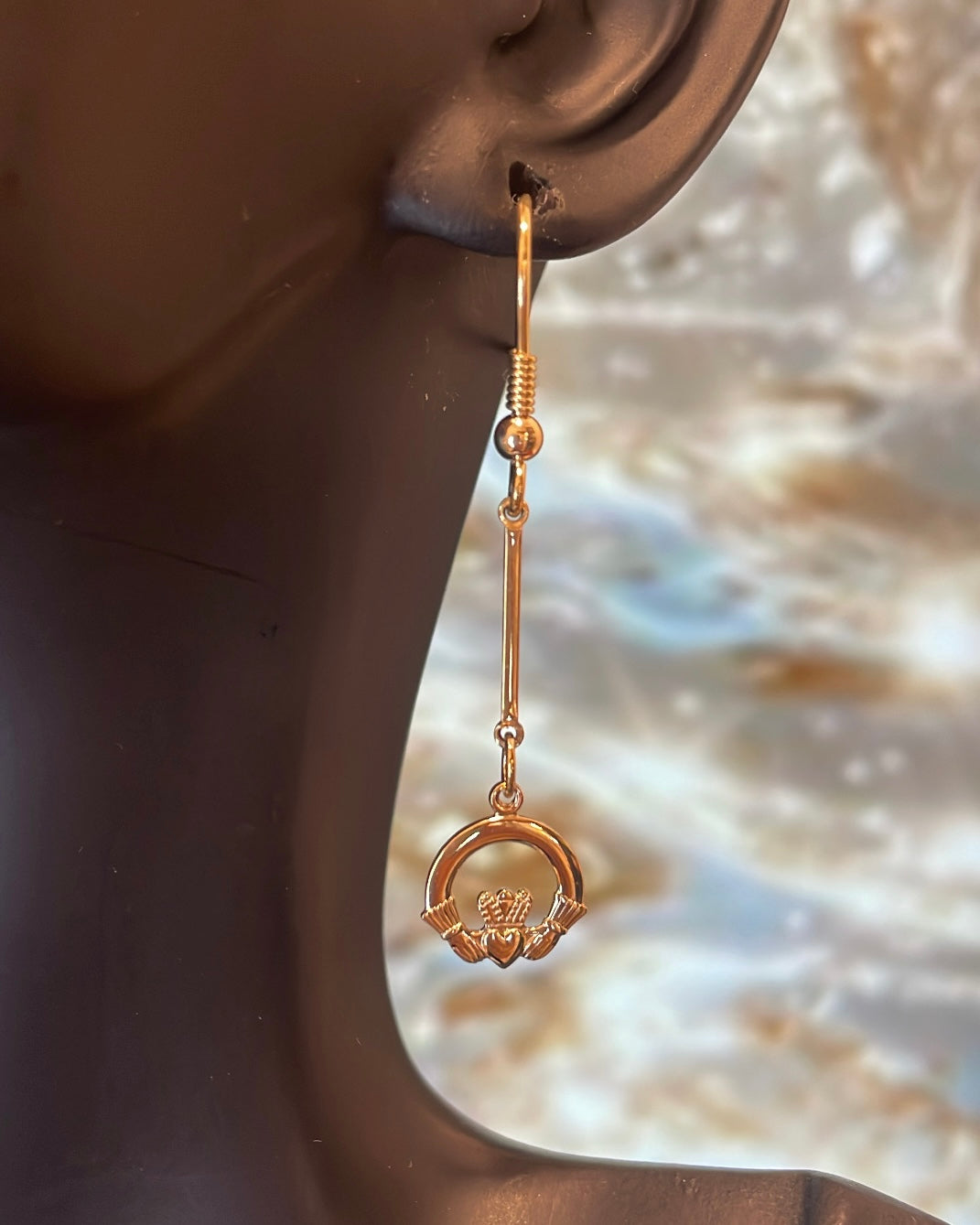 9ct Yellow Gold Claddagh & Bar Drop Earrings
