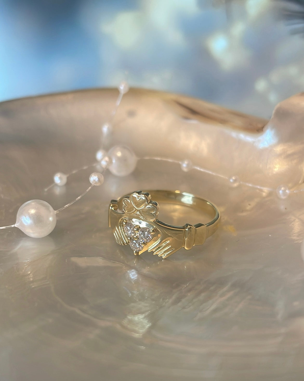 9ct Yellow Gold Triple Diamond Shamrock Crown Claddagh Ring