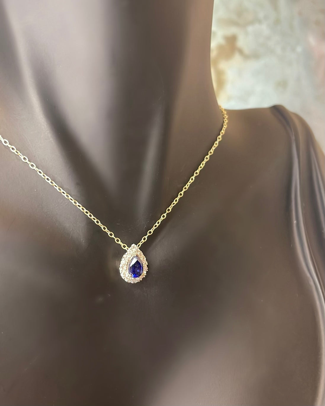 Pear Cut Lab Sapphire & Halo Diamond 9ct Yellow Gold Pendant