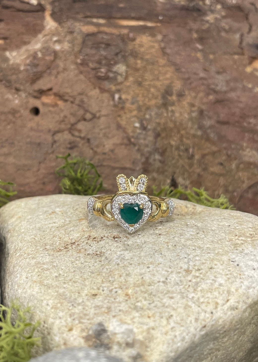 9ct Yellow Gold Emerald Heart and Diamond Claddagh Ring