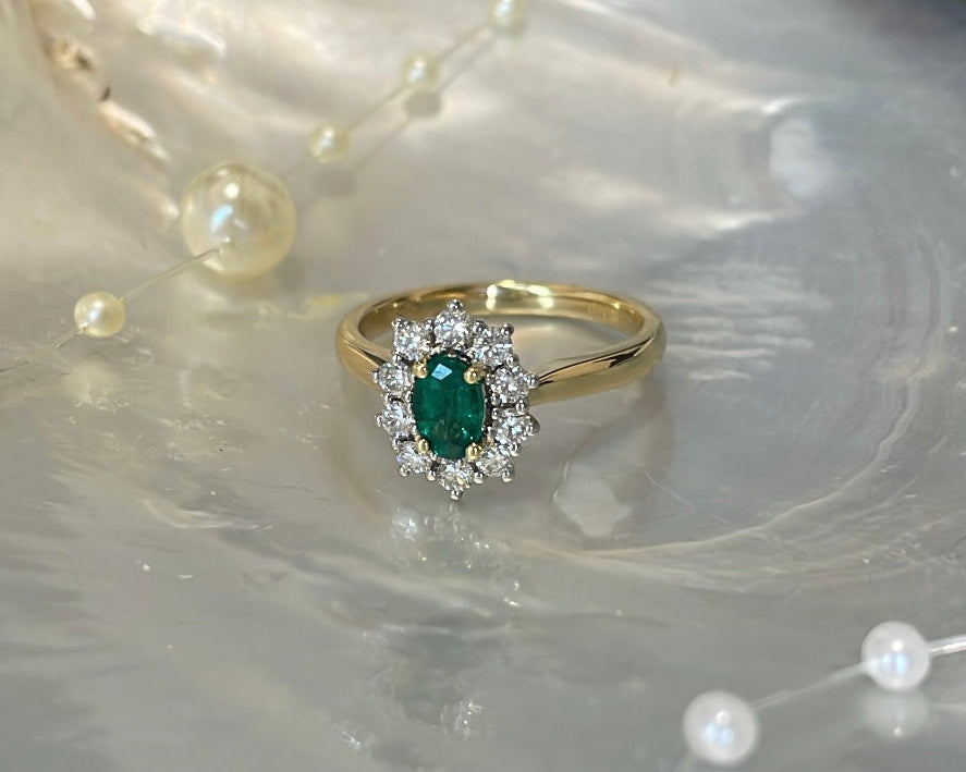 18ct Yellow Gold 0.41ct Emerald and Diamond Cluster Ring