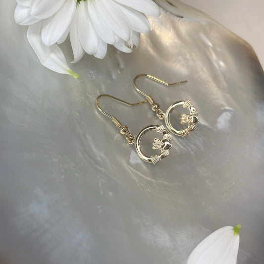 9ct Yellow Gold Claddagh Shephard Hook Earrings